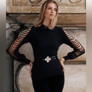 Anne Fontaine Paris Parfum Top Black Knit Pullover Sequined Mesh Sleeves Sweater